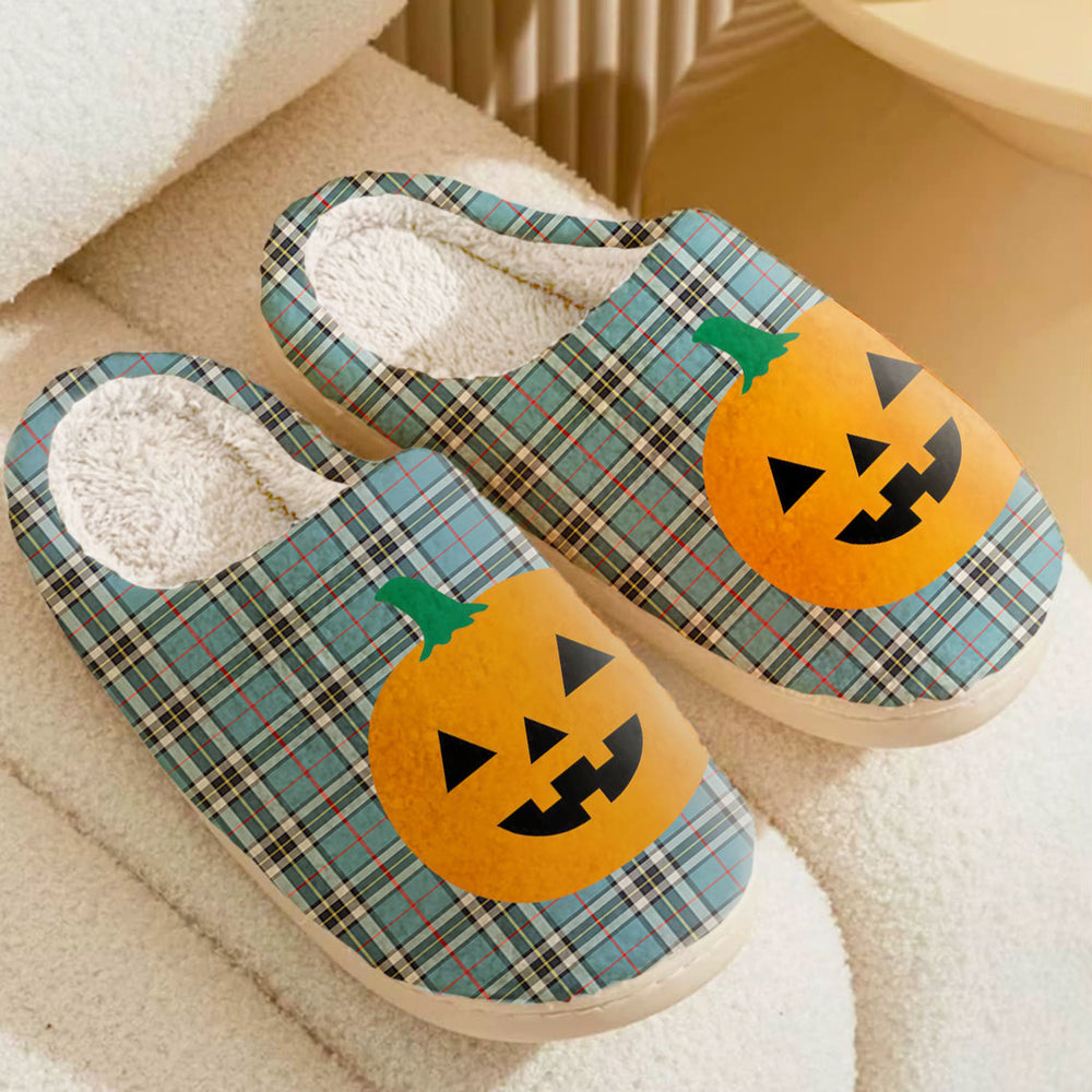 Clan Thomson Tartan Halloween Pumpkin Slippers, Fluffy Spooky Slippers BF32 Thomson Tartan Tartan Halloween   