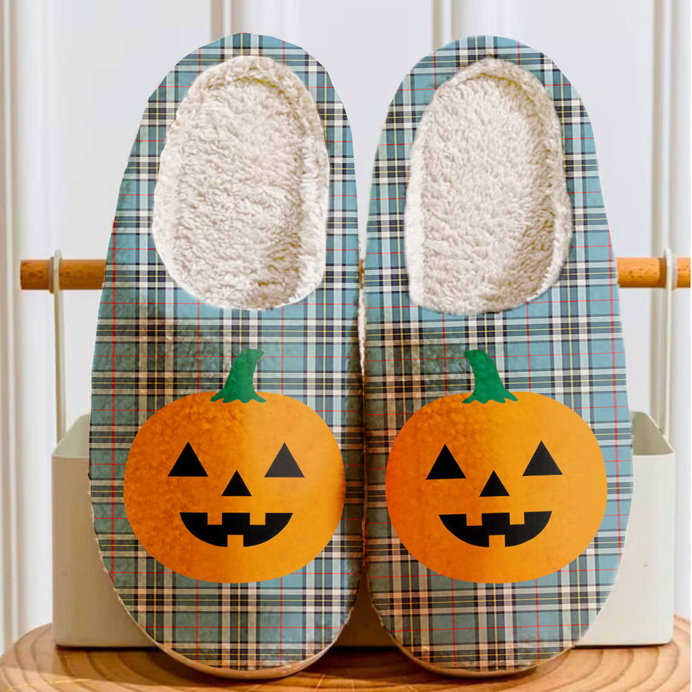 Clan Thomson Tartan Halloween Pumpkin Slippers, Fluffy Spooky Slippers BF32 Thomson Tartan Tartan Halloween   