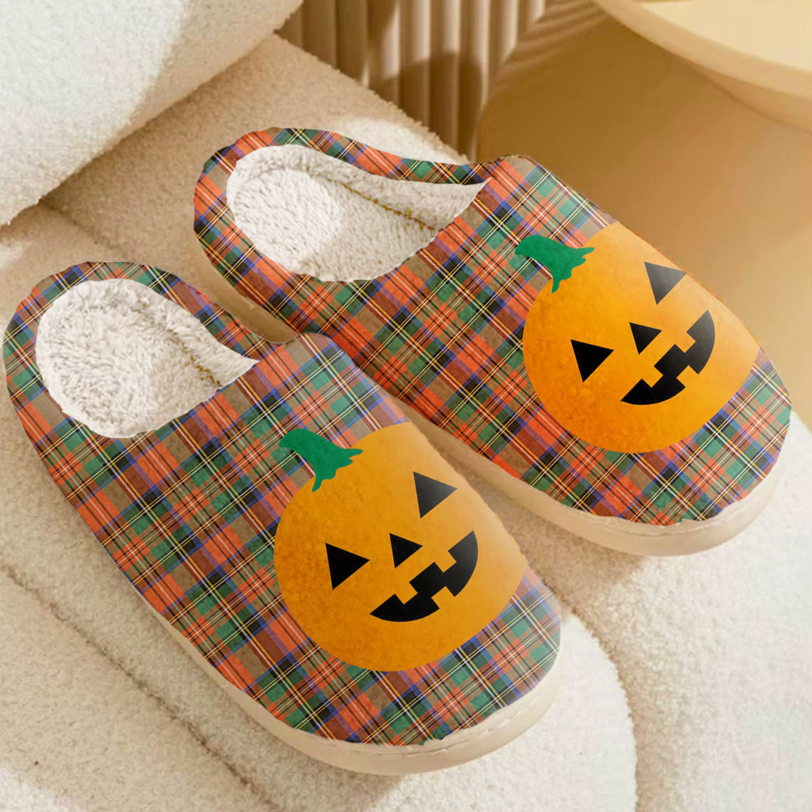 Clan Stewart Royal Ancient Tartan Halloween Pumpkin Slippers, Fluffy Spooky Slippers PL90 Stewart Royal Ancient Tartan Tartan Halloween   