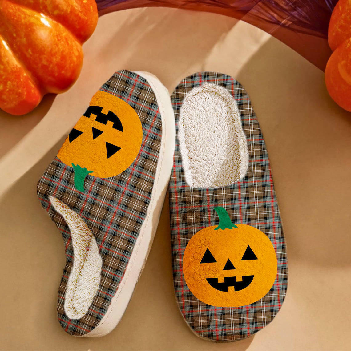 Clan Sutherland Weathered Tartan Halloween Pumpkin Slippers, Fluffy Spooky Slippers EX35 Sutherland Weathered Tartan Tartan Halloween   