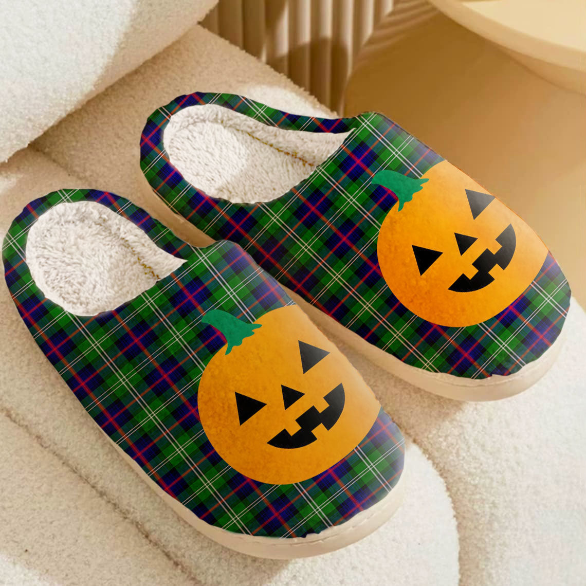 Clan Sutherland Modern Tartan Halloween Pumpkin Slippers, Fluffy Spooky Slippers HR59 Sutherland Modern Tartan Tartan Halloween   