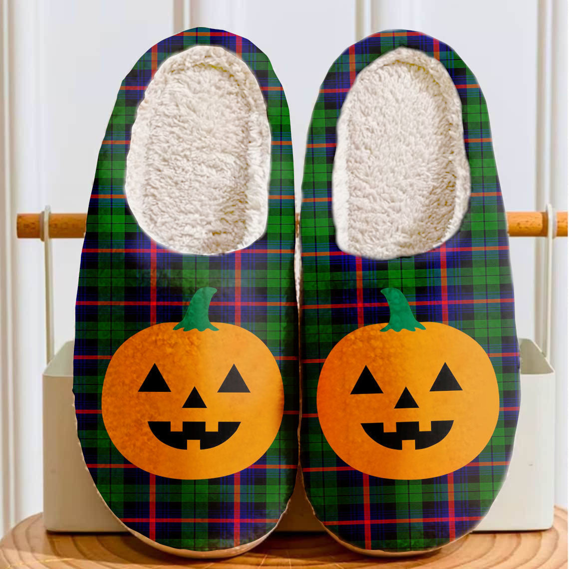 Clan Urquhart Modern Tartan Halloween Pumpkin Slippers, Fluffy Spooky Slippers RJ58 Urquhart Modern Tartan Tartan Halloween   
