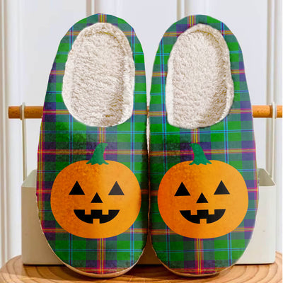 Clan Young Modern Tartan Halloween Pumpkin Slippers, Fluffy Spooky Slippers