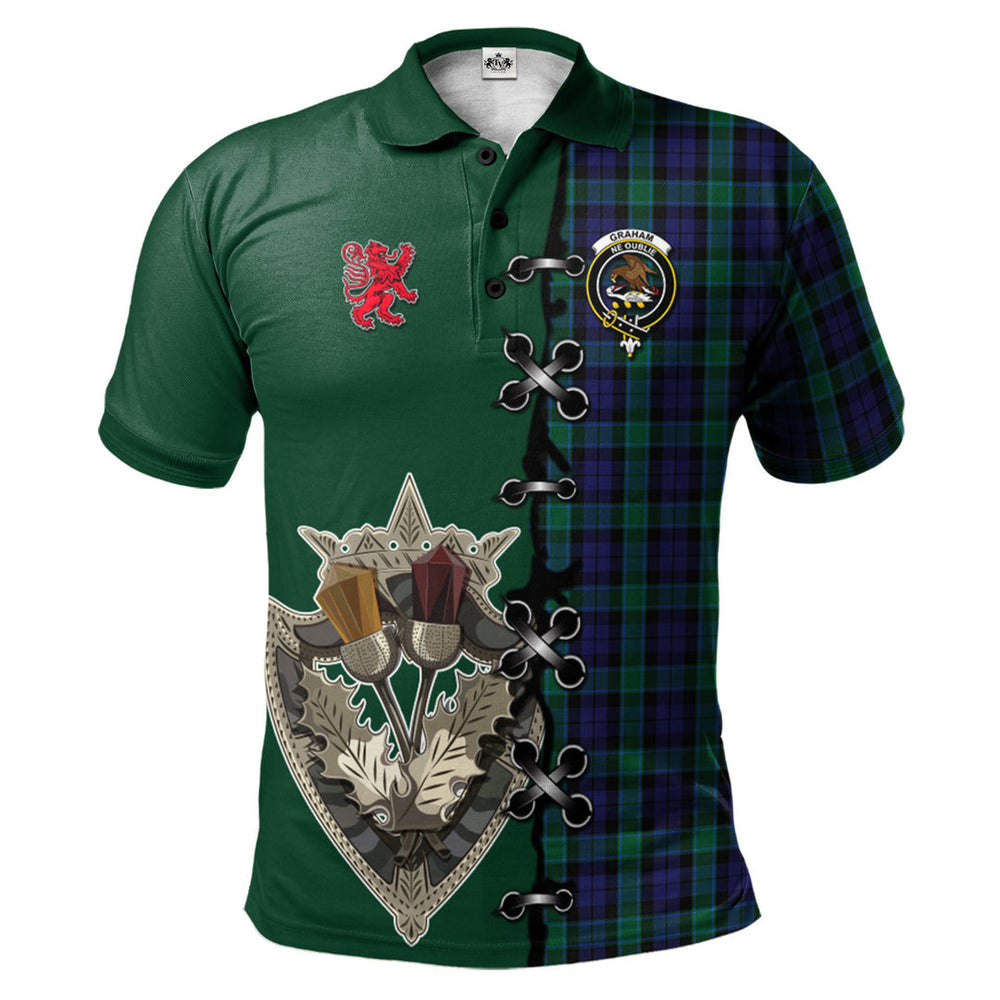 Clan Graham of Menteith Tartan Polo Shirt - Lion Rampant And Celtic Thistle Style QW46 Graham of Menteith Tartan Tartan Polo   