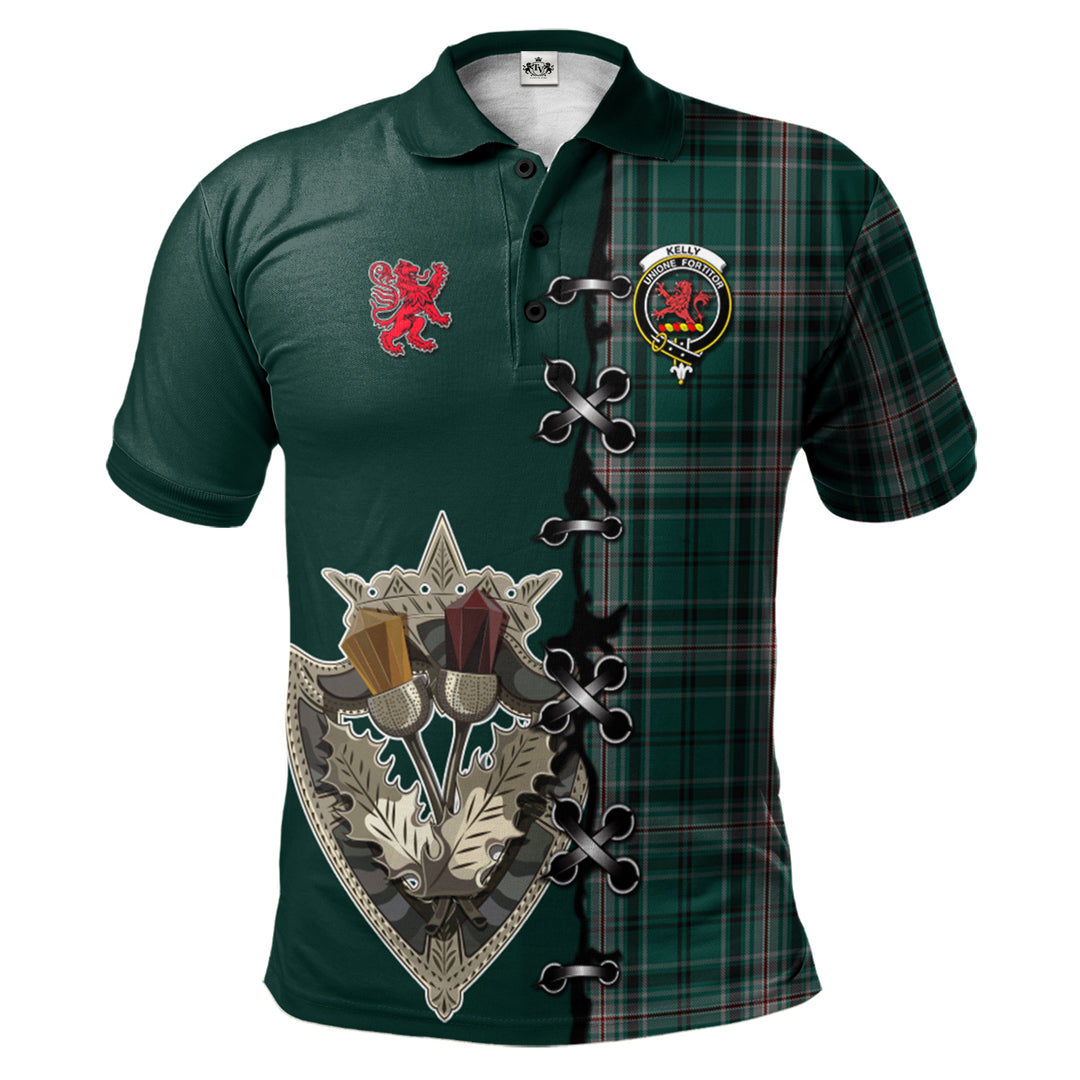 Clan Kelly of Sleat Hunting Tartan Polo Shirt - Lion Rampant And Celtic Thistle Style EL92 Kelly of Sleat Hunting Tartan Tartan Polo   