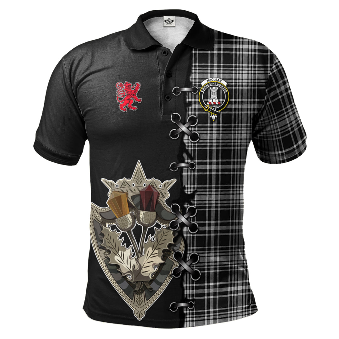 Clan MacLean Black and White Tartan Polo Shirt - Lion Rampant And Celtic Thistle Style EZ70 MacLean Black and White Tartan Tartan Polo   