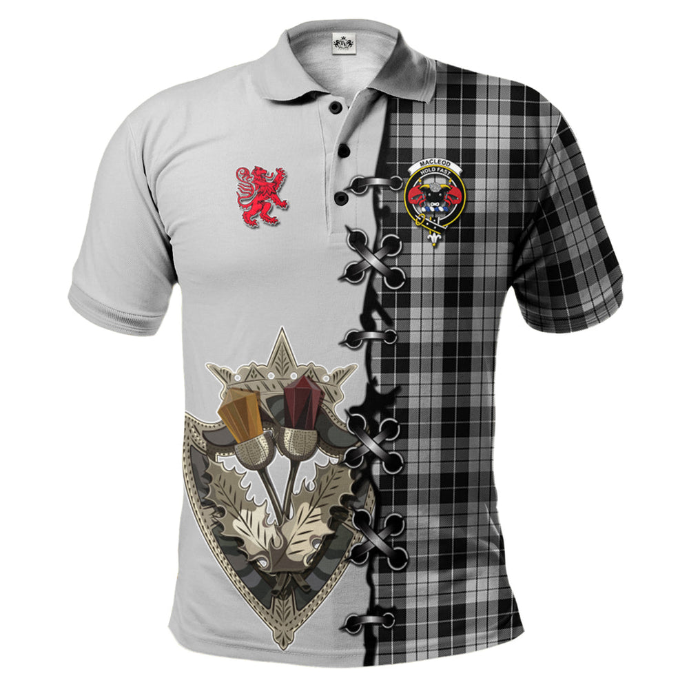 Clan MacLeod Black And White Tartan Polo Shirt - Lion Rampant And Celtic Thistle Style QU21 MacLeod Black And White Tartan Tartan Polo   