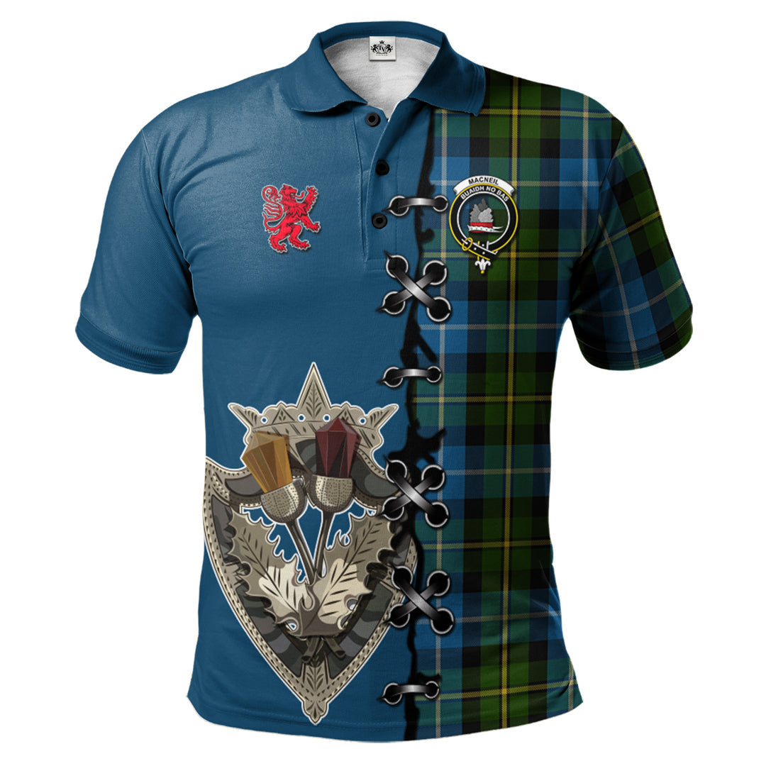 Clan MacNeil of Barra Tartan Polo Shirt - Lion Rampant And Celtic Thistle Style ZX93 MacNeil of Barra Tartan Tartan Polo   