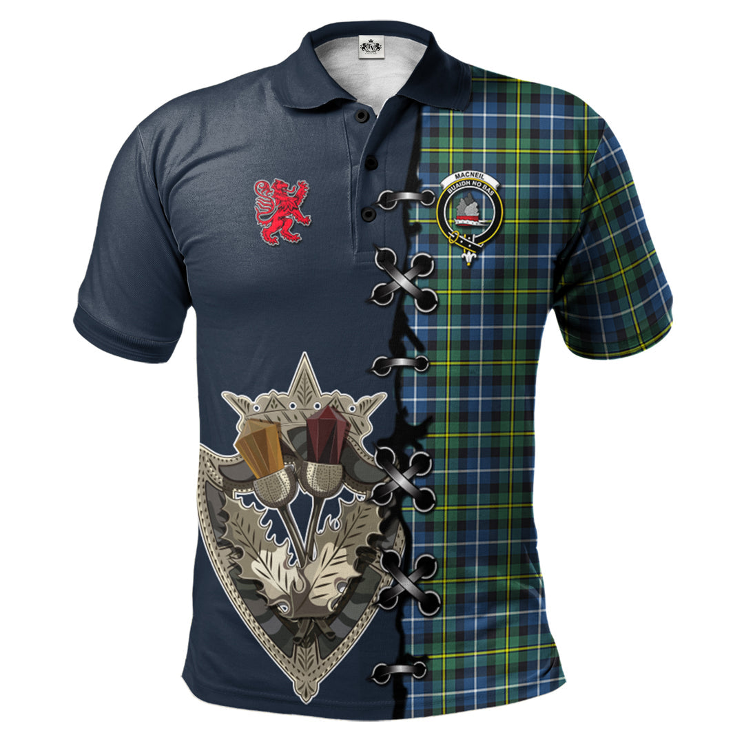Clan MacNeil of Barra Ancient Tartan Polo Shirt - Lion Rampant And Celtic Thistle Style MM22 MacNeil of Barra Ancient Tartan Tartan Polo   