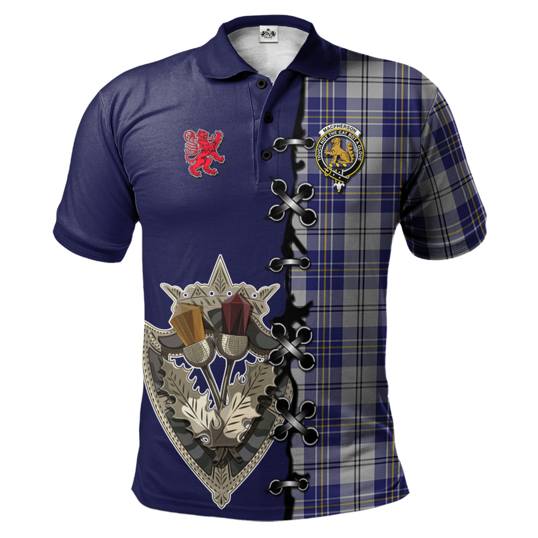 Clan MacPherson Dress Blue Tartan Polo Shirt - Lion Rampant And Celtic Thistle Style EA50 MacPherson Dress Blue Tartan Tartan Polo   