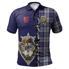 Clan MacPherson Dress Blue Tartan Polo Shirt - Lion Rampant And Celtic Thistle Style EA50 MacPherson Dress Blue Tartan Tartan Polo   