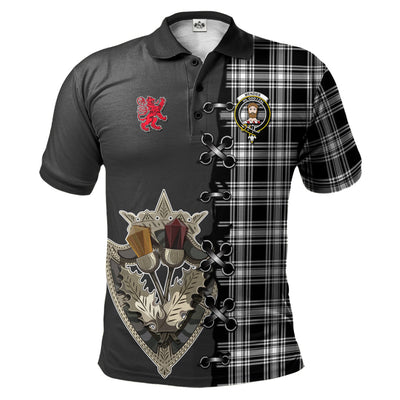 Clan Menzies Black _ White Tartan Polo Shirt - Lion Rampant And Celtic Thistle Style