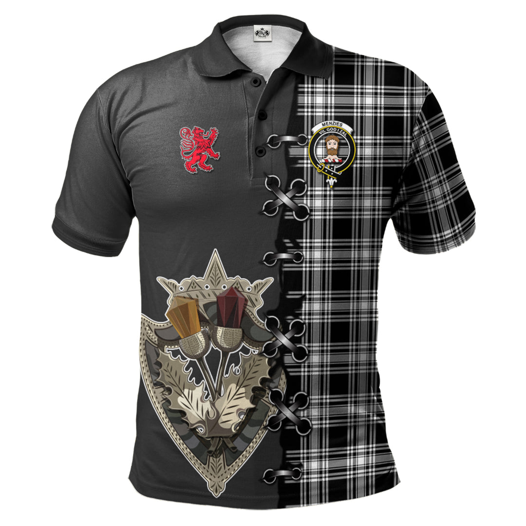 Clan Menzies Black _ White Tartan Polo Shirt - Lion Rampant And Celtic Thistle Style IJ59 Menzies Black _ White Tartan Tartan Polo   