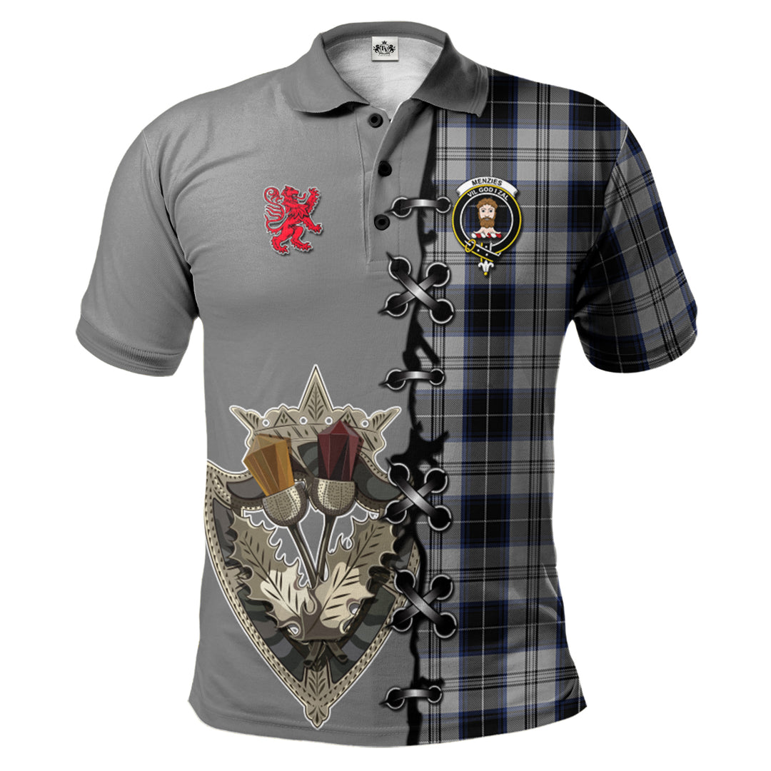 Clan Menzies Black Dress Tartan Polo Shirt - Lion Rampant And Celtic Thistle Style UB70 Menzies Black Dress Tartan Tartan Polo   