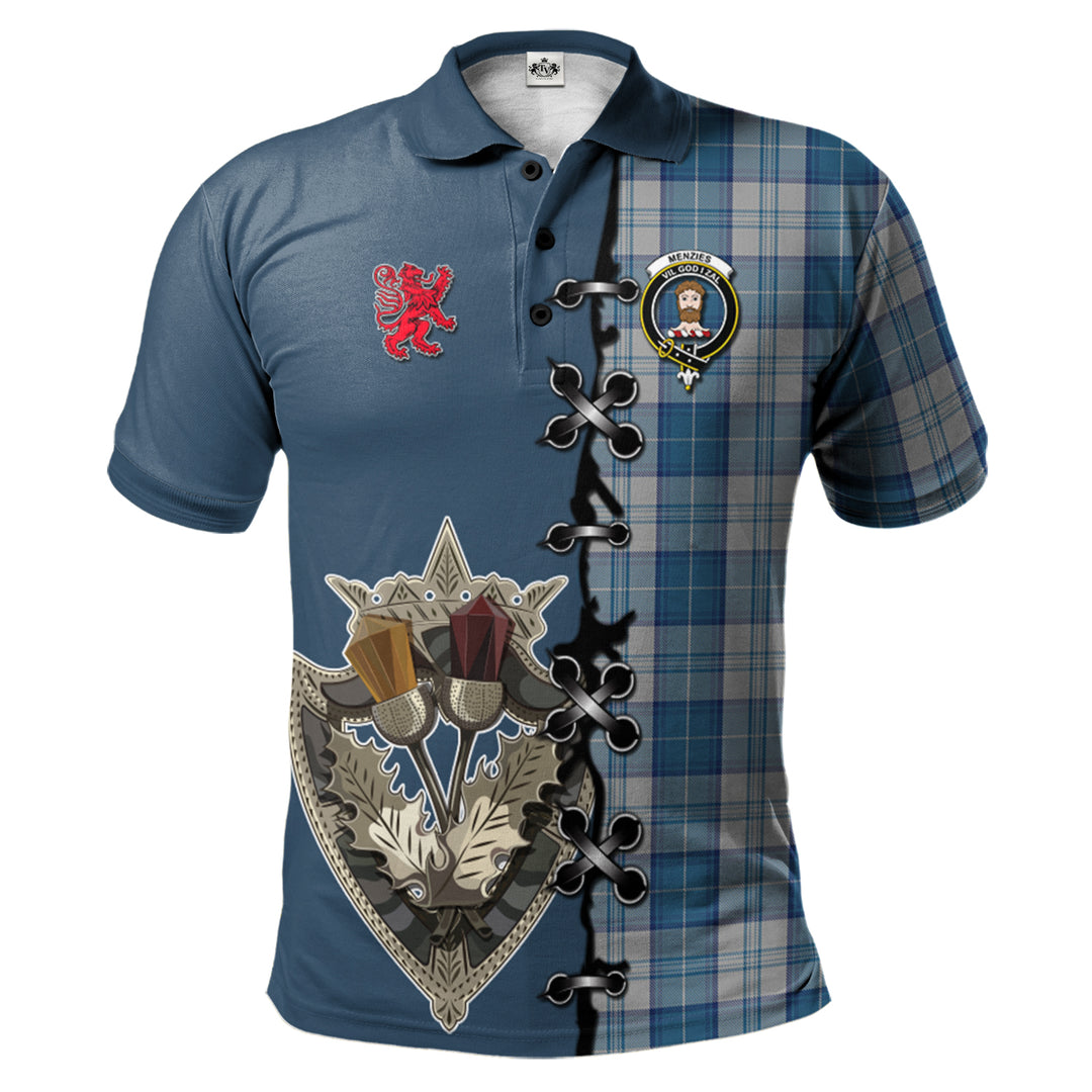 Clan Menzies Dress Blue _ White Tartan Polo Shirt - Lion Rampant And Celtic Thistle Style SJ17 Menzies Dress Blue _ White Tartan Tartan Polo   