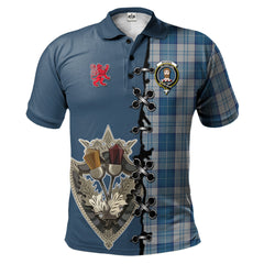 Clan Menzies Dress Blue _ White Tartan Polo Shirt - Lion Rampant And Celtic Thistle Style SJ17 Menzies Dress Blue _ White Tartan Tartan Polo   