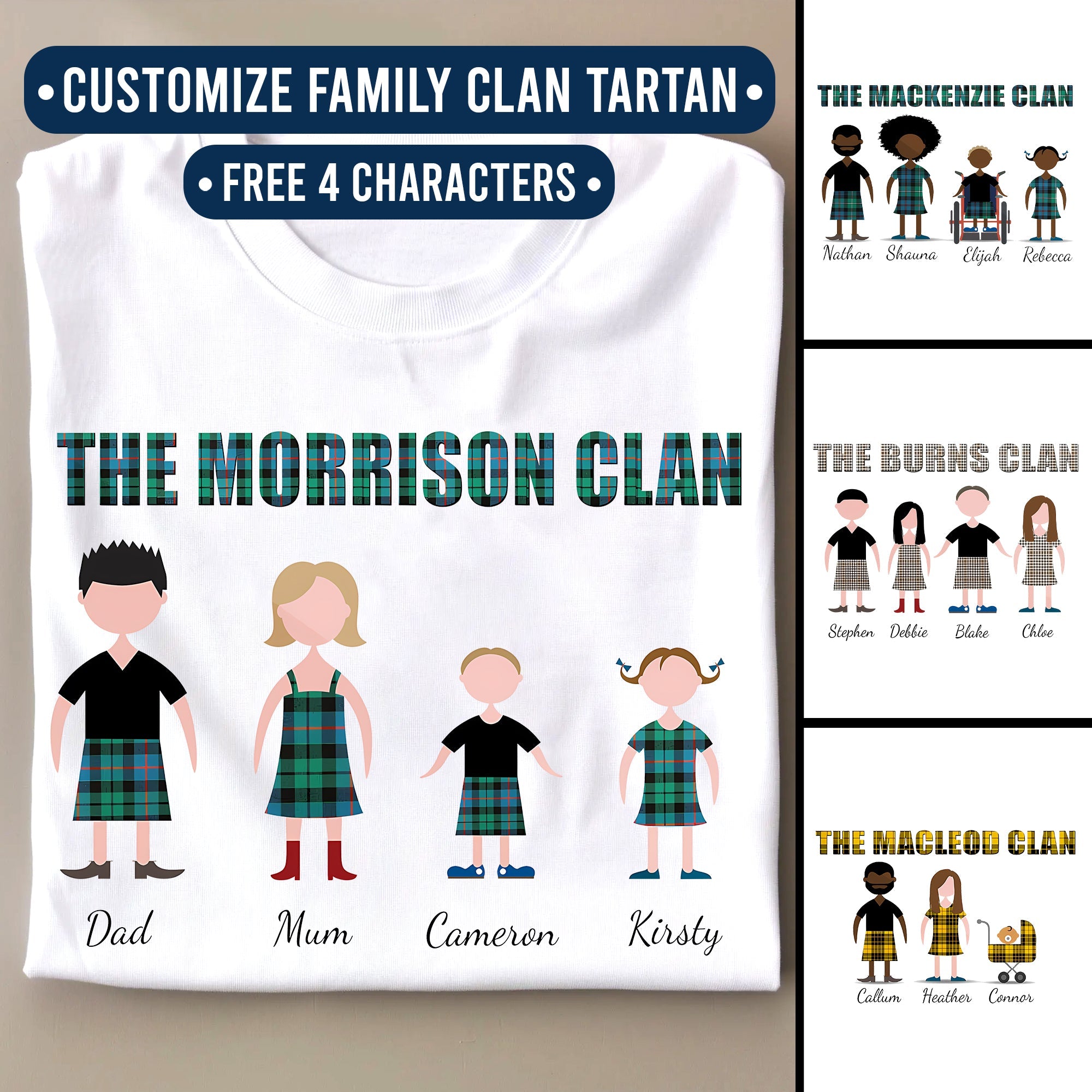 Scottish Clan Personalised Family Portrait T-Shirt – Unisex & Kids Sizes (Printed in the USA)