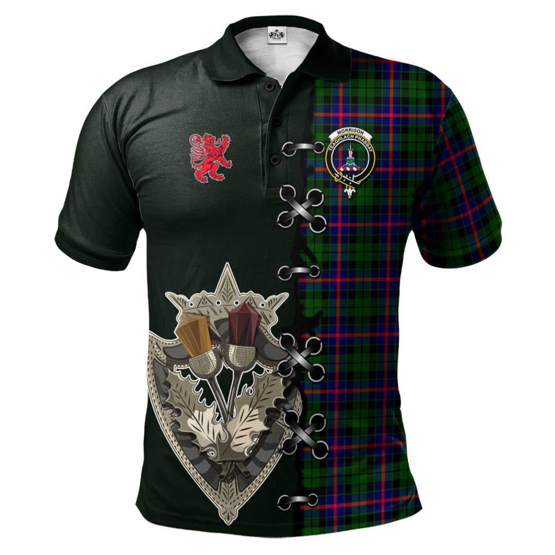 Clan Morrison Modern Tartan Polo Shirt - Lion Rampant And Celtic Thistle Style KJ93 Morrison Modern Tartan Tartan Polo   