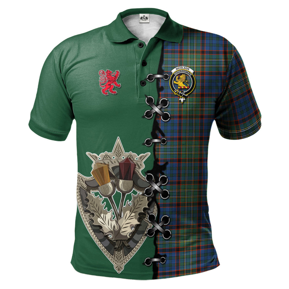 Clan Nicolson Hunting Ancient Tartan Polo Shirt - Lion Rampant And Celtic Thistle Style ZA50 Nicolson Hunting Ancient Tartan Tartan Polo   