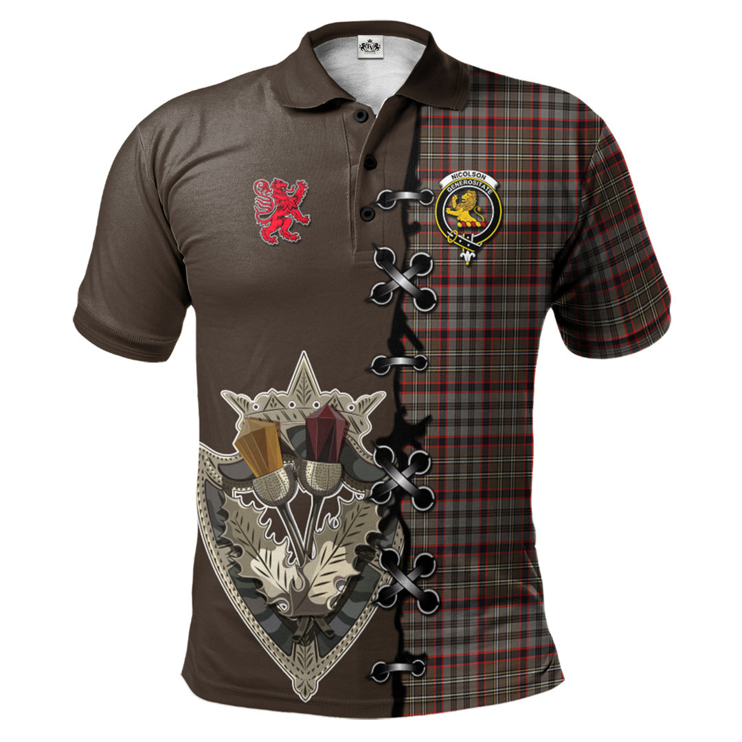 Clan Nicolson Hunting Weathered Tartan Polo Shirt - Lion Rampant And Celtic Thistle Style UZ65 Nicolson Hunting Weathered Tartan Tartan Polo   
