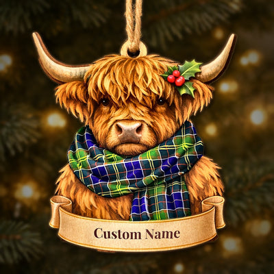 Personalized Clan Arnott Tartan Highland Cow Ornament with Custom Name – Scottish Christmas Tree Decoration