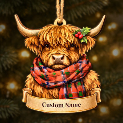 Personalized Clan Bain Tartan Highland Cow Ornament with Custom Name – Scottish Christmas Tree Decoration
