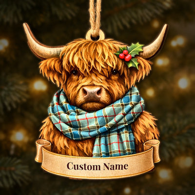 Personalized Clan Balfour Blue Tartan Highland Cow Ornament with Custom Name – Scottish Christmas Tree Decoration