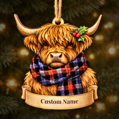 Personalized Clan Brown Modern Tartan Highland Cow Ornament with Custom Name – Scottish Christmas Tree Decoration