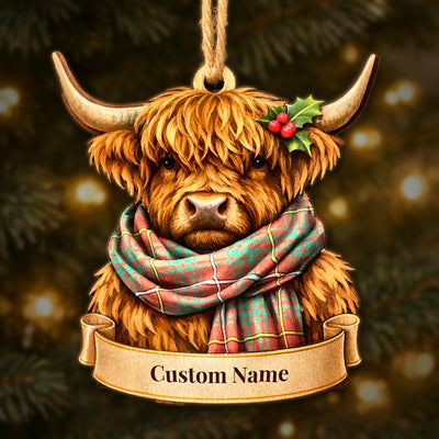 Personalized Clan Bruce Ancient Tartan Highland Cow Ornament with Custom Name – Scottish Christmas Tree Decoration