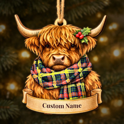 Personalized Clan Buchanan Modern Tartan Highland Cow Ornament with Custom Name – Scottish Christmas Tree Decoration