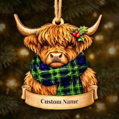 Personalized Clan Campbell of Breadalbane Modern Tartan Highland Cow Ornament with Custom Name – Scottish Christmas Tree Decoration