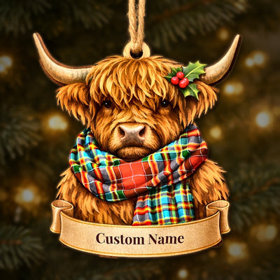 Personalized Clan Chattan Tartan Highland Cow Ornament with Custom Name – Scottish Christmas Tree Decoration