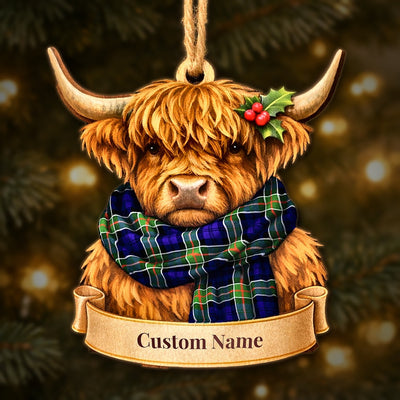 Personalized Clan Colquhoun Modern Tartan Highland Cow Ornament with Custom Name – Scottish Christmas Tree Decoration