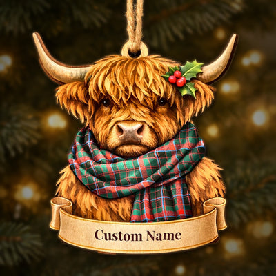 Personalized Clan Cumming Hunting Modern Tartan Highland Cow Ornament with Custom Name – Scottish Christmas Tree Decoration