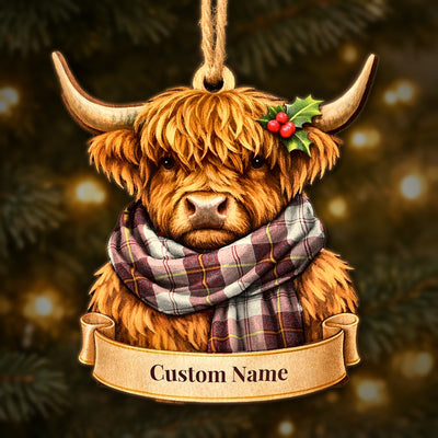 Personalized Clan Cunningham Burgundy Dancers Tartan Highland Cow Ornament with Custom Name – Scottish Christmas Tree Decoration