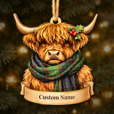 Personalized Clan Cunningham Hunting Modern Tartan Highland Cow Ornament with Custom Name – Scottish Christmas Tree Decoration
