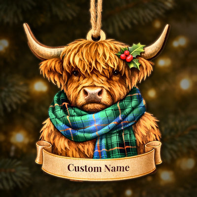 Personalized Clan Davidson Ancient Tartan Highland Cow Ornament with Custom Name – Scottish Christmas Tree Decoration