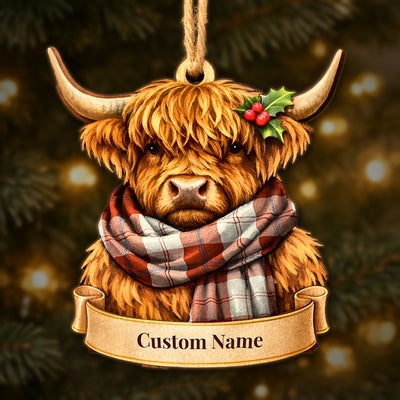 Personalized Clan Davidson Dress Dancers Tartan Highland Cow Ornament with Custom Name – Scottish Christmas Tree Decoration