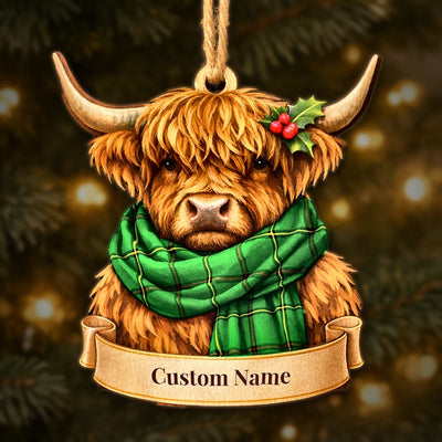 Personalized Clan Don (Tribe-of-Mar) Tartan Highland Cow Ornament with Custom Name – Scottish Christmas Tree Decoration