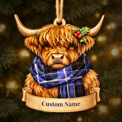 Personalized Clan Dunlop Modern Tartan Highland Cow Ornament with Custom Name – Scottish Christmas Tree Decoration
