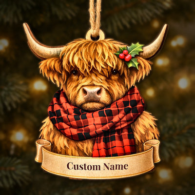 Personalized Clan Ettrick District Tartan Highland Cow Ornament with Custom Name – Scottish Christmas Tree Decoration