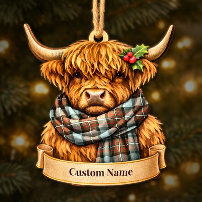 Personalized Clan Fergusson Weathered Tartan Highland Cow Ornament with Custom Name – Scottish Christmas Tree Decoration