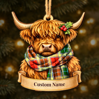Personalized Clan Gibbs Tartan Highland Cow Ornament with Custom Name – Scottish Christmas Tree Decoration