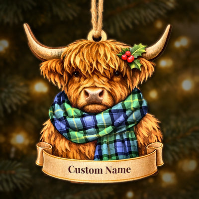 Personalized Clan Gordon Old Ancient Tartan Highland Cow Ornament with Custom Name – Scottish Christmas Tree Decoration