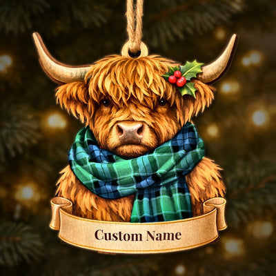 Personalized Clan Graham of Menteith Ancient Tartan Highland Cow Ornament with Custom Name – Scottish Christmas Tree Decoration