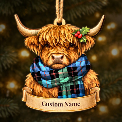Personalized Clan Guthrie Ancient Tartan Highland Cow Ornament with Custom Name – Scottish Christmas Tree Decoration