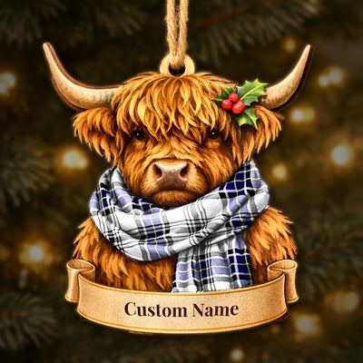 Personalized Clan Hannay Tartan Highland Cow Ornament with Custom Name – Scottish Christmas Tree Decoration