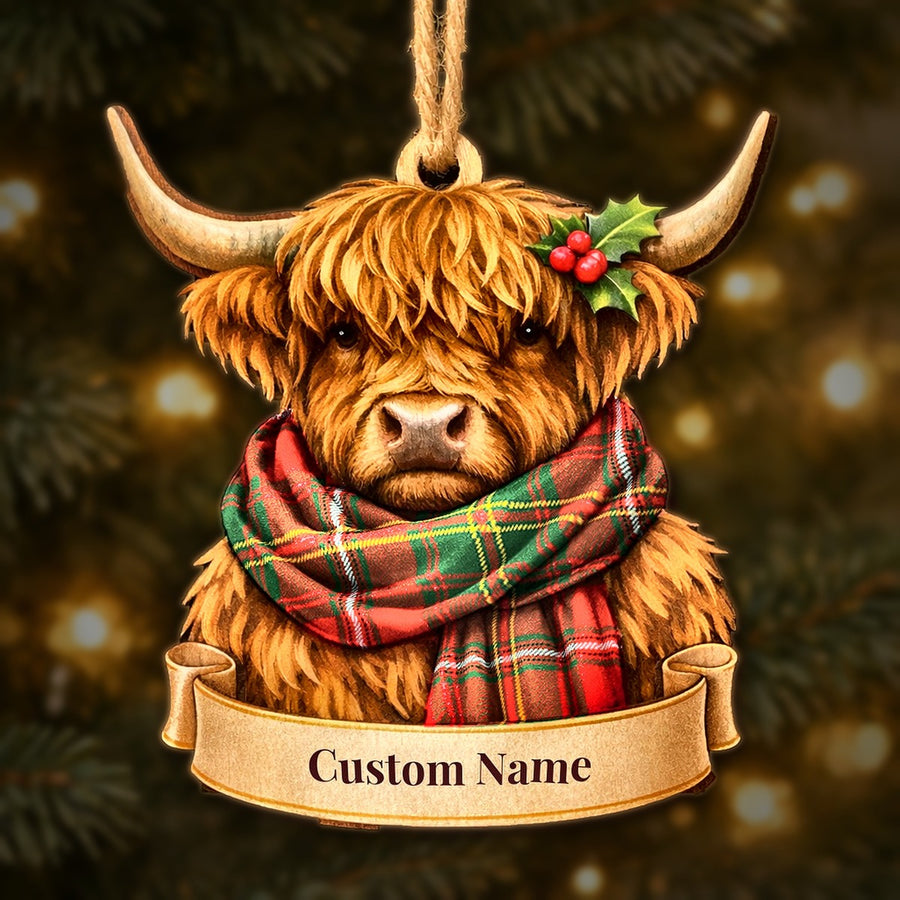 Wooden Highland cow Christmas ornament wearing a Hay Modern tartan scarf, with a ribbon banner for a custom name