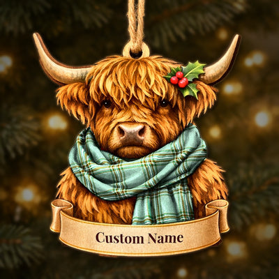 Personalized Clan Kelly Dress Tartan Highland Cow Ornament with Custom Name – Scottish Christmas Tree Decoration