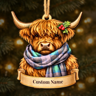 Personalized Clan Lindsay Ancient Tartan Highland Cow Ornament with Custom Name – Scottish Christmas Tree Decoration